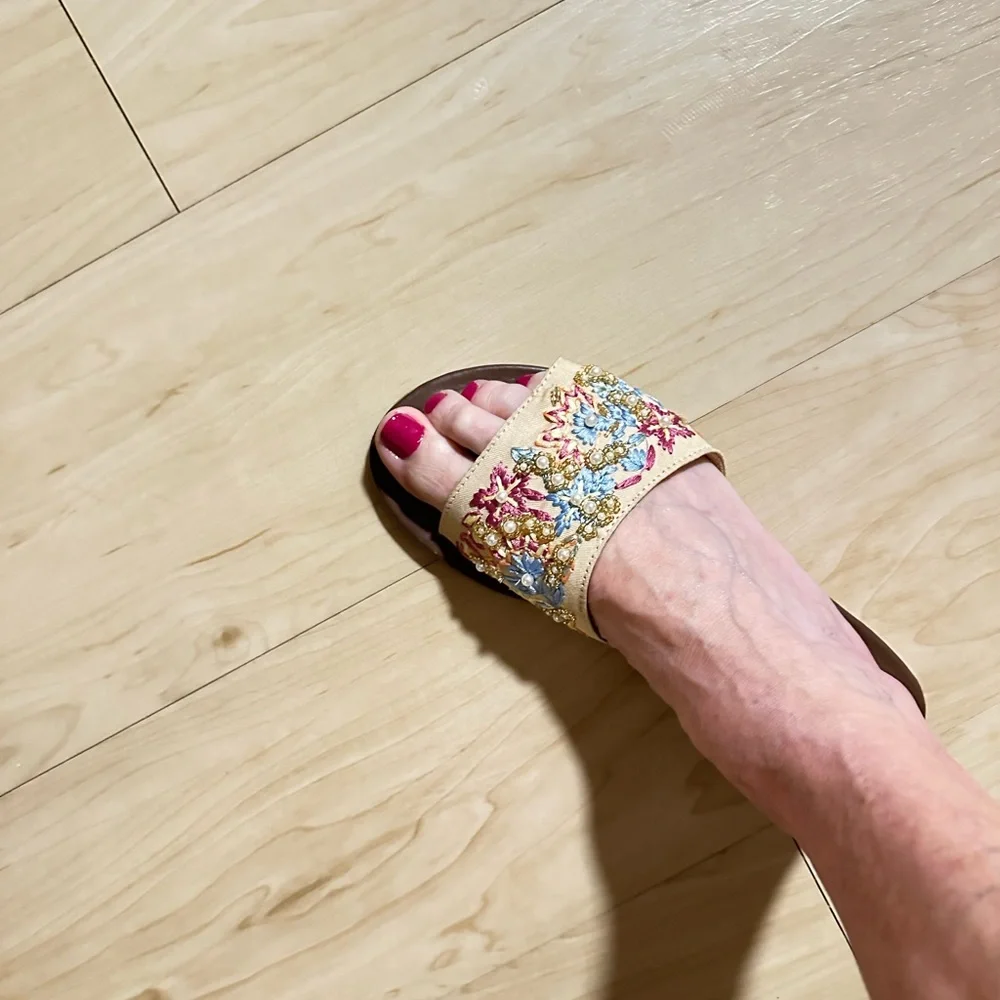 Haute Hippie Floral Embroidered Sandals - Blue and Pink on Beige - Picture 3 of 10